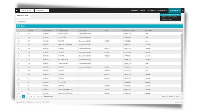 Liste des dossiers d'intervention en cours sur le Protail Client